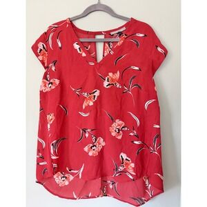 Daniel Rainn Floral V-Neck Blouse Short Cap Sleeve Back Cutout XL Rusty Red